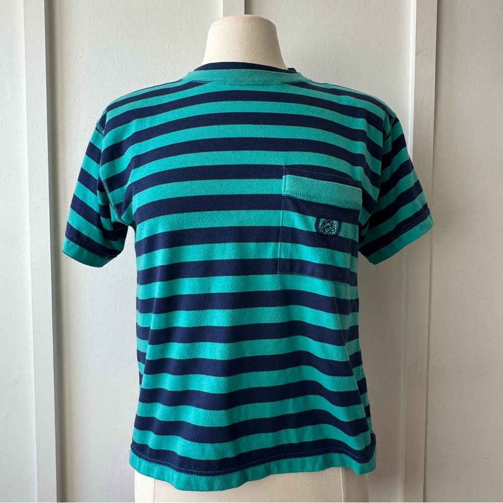 Vintage 80s DEB Striped Pocket Tee Green & Navy – Size L